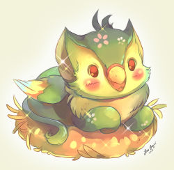 2015 blush brown_eyes commentary creature english_commentary eyrie full_body lying neopets nest no_humans on_stomach oraclesaturn signature simple_background solo white_background