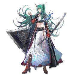 Rule 34 | 1girl, arknights, bandaged chest, black coat, blue fire, boots, coat, eyeliner, fire, floating hair, full body, green hair, hakama, hakama pants, hannya (arknights), high ponytail, highres, holding, holding sword, holding weapon, horns, hoshiguma (arknights), hoshiguma the breacher (arknights), japanese clothes, katana, long hair, looking at viewer, makeup, midriff, navel, official alternate costume, official art, pants, pleated pants, ponytail, red boots, red eyeliner, sheath, sheathed, shutun, simple background, single horn, smile, solo, standing, sword, tachi-e, transparent background, two-sided coat, two-sided fabric, very long hair, weapon, white hakama, white pants, yellow eyes