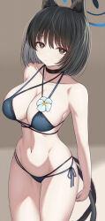 1girl animal_ears asamura_hiori bare_shoulders bikini black_bikini black_eyes black_hair blue_archive blue_bikini breasts cat_ears cat_tail cleavage commentary_request highres kikyou_(blue_archive) kikyou_(swimsuit)_(blue_archive) large_breasts layered_bikini looking_at_viewer multiple_tails navel revision solo swimsuit tail two_tails