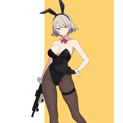 1girl absurdres alternate_costume animal_ear_hairband animal_ears bare_shoulders black_gloves black_leotard black_pantyhose bow bowtie breasts brown_hair closed_mouth commentary cowboy_shot detached_collar english_commentary fake_animal_ears girls&#039;_frontline gloves gun hairband hand_on_own_hip highres holding holding_gun holding_weapon kriss_vector leotard long_hair looking_at_viewer myticalcat pantyhose playboy_bunny rabbit_ears red_bow red_bowtie short_hair simple_background solo submachine_gun two-tone_background vector_(girls&#039;_frontline) weapon yellow_eyes