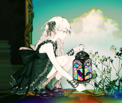 1girl absurdres bird black_bow black_dress black_shoes bow braid chromatic_aberration closed_mouth cloud dress flower grey_socks hair_flower hair_ornament highres holding holding_lantern knees_up lantern long_hair looking_down orange_eyes original pale_skin ringein shadow shoes sleeveless sleeveless_dress socks solo squatting white_flower white_hair
