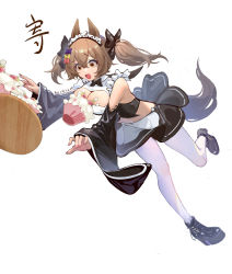 1girl absurdres accident alternate_costume animal_ears apron bare_shoulders black_shirt black_skirt bow bowtie breasts brown_eyes brown_hair bugegehaibugouse cleavage cleavage_cutout clothing_cutout crop_top detached_sleeves enmaided hair_bow highres horse_ears horse_girl horse_tail large_breasts long_hair long_sleeves maid maid_apron maid_headdress midriff open_mouth pantyhose raised_eyebrows revealing_clothes shirt shoes simple_background skirt smart_falcon_(umamusume) solo spill tail tears twintails umamusume waist_apron white_background white_pantyhose wide_sleeves