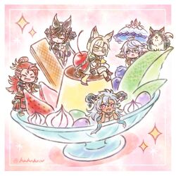 2boys 3girls :d ahoge animal_ears belt_pouch blonde_hair blue_eyes blueberry border braid brown_footwear brown_hair cape cat cherry chibi closed_eyes crossed_legs dark-skinned_female dark_skin diagonal_bangs dress erune ewiyar_(granblue_fantasy) extra_ears fang fediel_(granblue_fantasy) food fruit full_body galleon_(granblue_fantasy) glasses granblue_fantasy grapes grey_hair hair_between_eyes hair_ornament hakama half_updo hand_on_own_arm hands_on_own_face head_rest heterochromatic_eyewear holding holding_umbrella honewo horns igote in_food jacket japanese_clothes light_blush long_hair looking_at_viewer lu_woh_(granblue_fantasy) melon multicolored_hair multiple_boys multiple_girls open_mouth outside_border pants parasol pink_background pointy_ears pouch pudding pudding_a_la_mode purple_eyes purple_hair red_hair red_hakama short_hair single_braid sitting sitting_on_food sleeveless sleeveless_dress smile sparkle standing strawberry streaked_hair tinted_eyewear umbrella upper_body wafer wamdus_(granblue_fantasy) whipped_cream white_border white_cape white_dress white_hair white_jacket white_pants wilnas_(granblue_fantasy) yellow_eyes