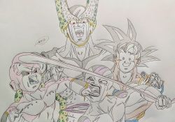 4boys alien angry armor artist_request cell_(dragon_ball) demon dragon_ball dragonball_z fangs fighting frieza highres laughing looking_at_another majin_buu multiple_boys muscular no_humans open_mouth perfect_cell sharp_teeth simple_background size_difference smile son_goku spiked_hair teeth traditional_media upper_body what