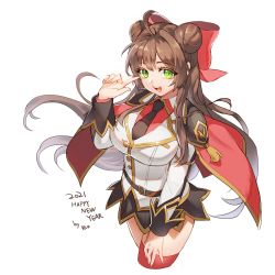 1girl 2021 ahoge bad_id bad_twitter_id belt black_belt black_necktie black_skirt bow breasts brown_hair cape chinese_commentary commentary_request cowboy_shot cropped_legs double_bun english_text genetic_(ragnarok_online) green_eyes hair_bow hair_bun highres jacket large_breasts long_hair long_sleeves looking_at_viewer miniskirt necktie official_alternate_costume open_mouth ragnarok_online red_bow red_cape red_shirt red_thighhighs rio shirt simple_background skirt solo thighhighs white_background white_jacket