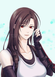 1girl bare_shoulders black_gloves black_hair black_sports_bra breasts brown_hair closed_mouth collarbone commentary elbow_gloves final_fantasy final_fantasy_vii final_fantasy_vii_rebirth final_fantasy_vii_remake fingerless_gloves gloves hand_up large_breasts lips long_hair looking_at_viewer pink_lips red_eyes roco_pic single_arm_guard solo sports_bra suspenders swept_bangs tank_top tifa_lockhart upper_body white_tank_top