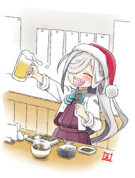 1girl :d alcohol asashimo_(kancolle) beer beer_mug blue_bow blue_bowtie blush bow bowl bowtie chopsticks closed_eyes cup doll dress ebifly foam food fur-trimmed_headwear fur_trim grey_hair hair_over_one_eye hat highres holding holding_cup holding_food kantai_collection long_hair long_sleeves mug one_eye_covered open_clothes open_mouth open_shirt red_dress red_hat santa_hat sharp_teeth shirt skewer smile solo steam teeth upper_teeth_only white_shirt