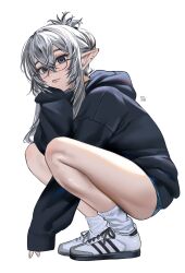 1girl absurdres artist_name black_hair black_hoodie blue_eyes closed_mouth double-parted_bangs ear_piercing elf elfe_art from_side glasses grey_hair hair_between_eyes hand_on_own_cheek hand_on_own_face highres hood hoodie light_smile long_pointy_ears long_sleeves looking_at_viewer mole mole_under_eye multicolored_hair original piercing pointy_ears puffy_long_sleeves puffy_sleeves shoes simple_background sleeves_past_wrists sneakers socks solo squatting streaked_hair v white_background white_shoes white_socks