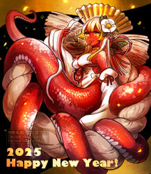 1girl 2025 :3 animal blonde_hair breasts chinese_zodiac colored_skin commentary_request dated detached_sleeves dress forked_tongue full_body hand_up happy_new_year hogara lamia long_hair looking_at_viewer medium_breasts monster_girl new_year original red_scales red_skin scales shide slit_pupils snake solo tail tail_wrap tongue tongue_out white_dress year_of_the_snake yellow_eyes