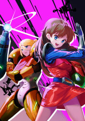 Rule 34 | 2girls, :d, absurdres, arm cannon, armor, belt, blonde hair, blue eyes, breasts, brown hair, commission, dress, elbow gloves, gloves, hair between eyes, helmet, highres, hiko (hiko224556), kanda momo, long hair, long sleeves, metroid, mixed-language commentary, multiple girls, nintendo, open mouth, pink background, pixiv commission, power armor, red dress, ridley, samus aran, small breasts, smile, standing, unworn headwear, unworn helmet, weapon, wonder momo