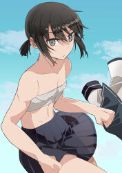 1girl absurdres bare_shoulders black_hair black_sailor_collar black_skirt blue_sky breasts cloud commentary_request cowboy_shot dress fubuki_(kancolle) grey_eyes haida_katsuretsu highres kantai_collection low_ponytail pleated_dress ponytail sailor_collar sarashi school_uniform serafuku shirt skirt sky small_breasts solo unworn_shirt white_shirt