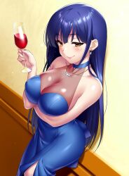 1girl alcohol arm_under_breasts bare_shoulders blue_choker blue_dress blue_hair breasts choker cleavage closed_mouth collarbone commentary commission covered_erect_nipples cowboy_shot cup date_a_live dress drinking_glass english_commentary eyelashes fingernails hair_between_eyes hand_up holding holding_cup indoors itsuka_shiori jewelry large_breasts lips long_hair looking_at_viewer necklace pearl_necklace seductive_smile shiny_skin sidelocks skeb_commission skindentation smile solo standing straight_hair strapless strapless_dress very_long_hair wine wine_glass yellow_eyes zen_(kamuro)