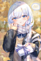 1girl adjusting_scarf bandaid bandaid_on_hand black_jacket blue_bow blue_bowtie blue_eyes blurry blurry_background blurry_foreground bow bowtie cardigan enpera flying_sweatdrops gift ginkgo_leaf grey_hair grey_scarf head_tilt highres holding holding_gift incoming_gift jacket leaf long_hair long_sleeves momongapoketto open_clothes open_jacket original outdoors parted_lips plaid_clothes plaid_scarf pov scarf school_uniform sleeves_past_wrists solo spoken_blush tree upper_body valentine