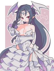 1girl :d bare_shoulders black_gloves black_hair blush border breasts choker cleavage commentary covered_navel cowboy_shot detached_sleeves disgaea dress gloves hand_up highres large_breasts long_hair looking_at_viewer makai_senki_disgaea_6 melodia_(disgaea) open_mouth outline outside_border pink_background pointy_ears smile solo strapless strapless_dress suaman thighhighs white_border white_choker white_dress white_outline white_sleeves white_thighhighs