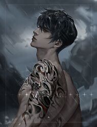 1boy asian back_tattoo black_eyes black_hair chest_tattoo closed_mouth dao_mu_bi_ji eyelashes flame_tattoo lips male_focus outdoors pectorals rain realistic sample_watermark shoulder_blades shoulder_tattoo solo storm tattoo thick_eyebrows topless_male upper_body watermark wet ye_dian_pikaqiu zhang_qiling