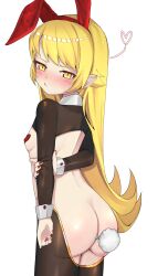 1girl anal anal_object_insertion animal_ears annoyed ass ass_focus black_shrug black_thighhighs blonde_hair blush bottomless breasts closed_mouth cowboy_shot dot_nose embarrassed eyelashes fake_animal_ears fake_tail female_focus fingernails from_behind hand_on_own_arm leotard loli long_hair looking_at_viewer looking_back matching_hair/eyes meemz_a meme_attire monogatari_(series) nail_polish object_insertion oshino_shinobu pasties playboy_bunny pointy_ears rabbit_ears rabbit_tail red_nails red_pasties reverse_bunnysuit reverse_outfit shrug_(clothing) simple_background small_breasts solo standing tail thighhighs vampire white_background wrist_cuffs yellow_eyes