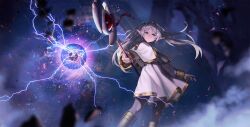 1girl belt belt_buckle black_belt black_pantyhose blurry blurry_background boots breasts brown_boots buckle capelet closed_mouth commentary_request depth_of_field earrings elf feet_out_of_frame fingernails floating_clothes floating_earrings floating_hair frieren gold_trim highres holding holding_staff jacket jewelry lightning long_hair looking_at_viewer mage_staff magic medium_breasts outstretched_arms pantyhose pointy_ears sakuraba_hiro serious shirt skirt solo sousou_no_frieren staff standing steam striped_clothes striped_shirt teardrop_earrings turning_head twintails white_capelet white_hair white_jacket white_skirt