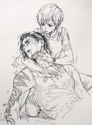 1boy 1girl absurdres arm_tattoo billy_coen dog_tags fingerless_gloves gloves greyscale highres jewelry monochrome namo necklace open_mouth rebecca_chambers resident_evil resident_evil_0 shirt short_hair shorts simple_background sleeveless sleeveless_shirt tattoo watch water wet white_background