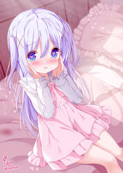 1girl artist_name blue_eyes blue_hair blush chinomaron collared_shirt dress feet_out_of_frame frilled_dress frilled_shirt_collar frilled_sleeves frills gochuumon_wa_usagi_desu_ka? hair_between_eyes hair_ornament heart heart-shaped_pupils highres kafuu_chino long_hair long_sleeves open_mouth pink_dress shirt signature solo symbol-shaped_pupils twitter_username two_side_up white_shirt x_hair_ornament