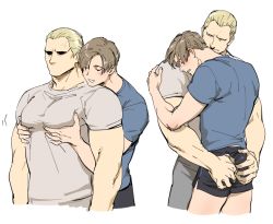 Rule 34 | 2boys, ass, bara, blonde hair, brown hair, closed eyes, couple, dolphin shorts, grabbing another&#039;s ass, grabbing from behind, groping, hug, jack krauser, large pectorals, leon s. kennedy, looking at another, male focus, multiple boys, muscular, muscular male, pectoral grab, pectorals, resident evil, resident evil: the darkside chronicles, resident evil 4, shirt, short hair, shorts, tatsumi (psmhbpiuczn), white background, yaoi