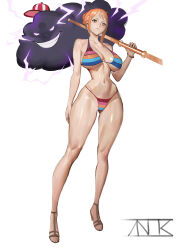 1girl absurdres bangle bare_legs bare_shoulders bikini bracelet breasts brown_eyes cleavage clima-tact closed_mouth cloud collarbone commentary electricity english_commentary evil_grin evil_smile full_body glowing glowing_eyes grin halterneck hat high_heel_sandals highres holding holding_staff jewelry large_breasts legs long_hair mini_hat multicolored_bikini nami_(one_piece) narrow_waist navel official_alternate_costume one_piece orange_hair sandals sidelocks signature simple_background smile staff standing stomach string_bikini swimsuit thighs white_background zeus_(one_piece) znor
