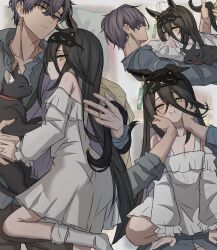 Rule 34 | 1boy, 1girl, absurdres, animal ears, bare shoulders, black hair, blue shirt, blush, brown pants, cat, commentary request, crossed bangs, dress, hair between eyes, hands on another&#039;s face, highres, horse ears, horse girl, horse tail, leogust, long hair, manhattan cafe (umamusume), off-shoulder dress, off shoulder, pants, pov, purple hair, shirt, short hair, sidelocks, sitting, sitting on person, tail, textless version, trainer (umamusume), umamusume, white dress, yellow eyes