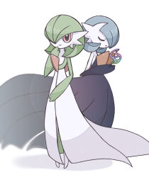 bare_shoulders black_dress black_gloves blue_hair bob_cut closed_eyes closed_mouth colored_skin dress elbow_gloves flat_chest full_body gardevoir gloves green_hair green_skin hair_over_one_eye hand_to_own_mouth hand_up hands_up happy long_dress looking_at_viewer mega_evolution_symbol mega_gardevoir mega_pokemon multicolored_skin nintendo one_eye_covered open_mouth pokemon pokemon_(creature) red_eyes shiny_and_normal shiny_pokemon short_hair simple_background smile standing strapless strapless_dress suzu_(pixiv_32232702) two-tone_skin u_u white_background white_skin
