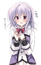 1boy asuka_minato blue_corset blue_hair blush bound bound_wrists bow bowtie braid commentary corset cuffs eyes_visible_through_hair hair_between_eyes handcuffs hands_up highres long_sleeves looking_at_viewer male_focus medium_hair open_mouth otome_domain red_bow red_bowtie red_eyes school_uniform shirt simple_background single_braid solo takepoison tears translated trap upper_body wavy_mouth white_background white_shirt
