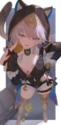 1girl absurdres animal_ear_fluff animal_ears aooni_09 belt black_gloves blue_eyes boots breasts cat_ears cat_girl cat_tail cipher_(honkai:_star_rail) cleavage coin fingerless_gloves gloves grey_hair hair_between_eyes hand_on_own_hip highres holding holding_coin honkai:_star_rail honkai_(series) long_sleeves looking_at_viewer mole mole_on_chest open_mouth smile solo standing tail thigh_belt thigh_boots thigh_strap yellow_nails