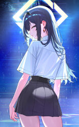 Rule 34 | 1girl, absurdres, arknights, black hair, black headband, black skirt, commentary request, contrapposto, diamond earrings, earrings, from behind, glitch, headband, highres, jacket, jewelry, long hair, looking at viewer, looking back, pleated skirt, priestess (arknights), short sleeves, sidelocks, skirt, solo, standing, sweater, thighs, turtleneck, turtleneck sweater, white eyes, white jacket, white sweater, yueyueyue yao