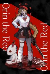 1girl 41964859 absurdres alternate_costume baldur&#039;s_gate baldur&#039;s_gate_3 beret black_shoes blank_eyes blonde_hair blood blood_on_clothes blood_on_face bow bowtie braid chainsaw character_doll character_name clothes_around_waist contemporary dungeons_&amp;_dragons dungeons_&amp;_dragons facing_viewer full_body hand_on_own_hip hat highres holding holding_chainsaw intestines leg_warmers loafers long_hair low-braided_long_hair low-tied_long_hair open_mouth orin_the_red red_bow red_bowtie red_hat red_skirt shirt shoes single_braid skirt smile solo the_dark_urge_(baldur&#039;s_gate) thigh_strap two-tone_background white_shirt