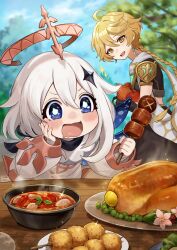 Rule 34 | 1boy, 1girl, :d, aether (genshin impact), ahoge, apple, blonde hair, blue eyes, blue sky, bowl, bracelet, braid, braided ponytail, diamond hair ornament, drooling, food, fruit, genshin impact, hair between eyes, halo, hand on own cheek, hand on own face, highres, hitsujino mery, holding, holding food, holding fruit, holding skewer, jewelry, long hair, long sleeves, meat, mouth drool, open mouth, outdoors, paimon (genshin impact), plate, skewer, sky, smile, soup, sparkle, table, tree, white hair