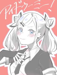 1girl breasts ceras_yanagida_lilienfeld closed_mouth collared_shirt cone_hair_bun double_bun dress_shirt greyscale greyscale_with_colored_background hair_bun hair_ornament highres i_do_me!_(love_live!) jacket link!_like!_love_live! looking_at_viewer love_live! medium_breasts medium_hair monochrome necktie official_alternate_costume official_alternate_hairstyle open_clothes open_jacket outline red_background shirt short-sleeved_jacket short_sleeves smile solo split_mouth tikuwa_l twintails upper_body virtual_youtuber white_outline x_hair_ornament