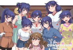 6+girls :3 :d :q alternate_hairstyle arms_behind_back arms_under_breasts arrow_(symbol) bandaged_arm bandaged_hand bandages bare_shoulders belt black_shorts blue_robe blue_shorts blush border bow bra_strap breasts brown_eyes brown_hair brown_shirt ceiling_light collarbone collared_shirt commentary commission commissioner_name crop_top cropped_shirt crossed_arms dougi drawstring dress dress_bow dress_shirt english_text frilled_dress frills frown green_dress grin gym_uniform hair_between_eyes hair_bobbles hair_bun hair_ornament hair_up hanamonogatari hands_on_own_hips high_ponytail highres implied_yuri indoors kanbaru_suruga leaning_forward licking_lips long_hair looking_at_another low_twintails medium_breasts medium_hair midriff mixed-language_text monogatari_(series) multiple_girls multiple_persona naughty_face navel nervous_sweating nightgown numachi_rouka off-shoulder_shirt off_shoulder open_mouth outline outside_border own_hands_together pajamas parted_lips pink_pajamas pink_shirt pink_trim ponytail purple_hair red_trim robe sash shirt shorts single_bare_shoulder single_hair_bun smile spaghetti_strap squatting standing star_(symbol) star_print staring sundress surrounded sweat thank_you thick_eyebrows thomas_(aoakumasan) tight_clothes tight_shirt tongue tongue_out translated trembling twintails two_side_up wavy_hair white_belt white_border white_bow white_dress white_outline white_sash white_shirt wooden_ceiling wooden_wall worried yellow_dress yellow_nightgown