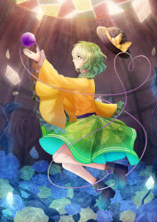 1girl black_hat blue_flower bowler_hat flower full_body green_eyes green_hair green_skirt hat highres indoors komeiji_koishi looking_at_object looking_to_the_side medium_hair shirt skirt solo touhou wuze_zeei yellow_shirt