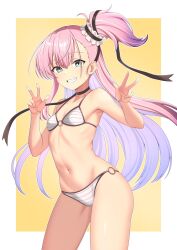 Rule 34 | 1girl, bikini, blue eyes, border, breasts, contrapposto, double v, grin, highres, long hair, looking at viewer, o-ring, o-ring bikini, okaka factory, one side up, orange background, outside border, pink hair, small breasts, smile, solo, striped bikini, striped clothes, swimsuit, toji no miko, tsubakuro yume, two-tone background, v, white bikini, white border
