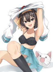1girl :d armpits arms_up black_bra black_socks blue_sailor_collar blue_skirt blush bra breasts brown_eyes brown_hair clothes_lift collarbone hair_ribbon hairband kita_high_school_uniform kneehighs lifting_own_clothes long_sleeves looking_at_viewer medium_hair open_mouth red_ribbon ribbon sailor_collar sasai_tuki school_uniform serafuku shirt shirt_lift sitting skirt smile socks solo suzumiya_haruhi suzumiya_haruhi_no_yuuutsu teeth tongue underwear undressing upper_teeth_only white_shirt winter_uniform yellow_hairband yellow_ribbon