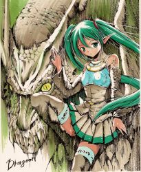 bad_id bad_pixiv_id dragon green_eyes green_hair hatsune_miku moonsorrow pointy_ears solo thighhighs twintails vocaloid