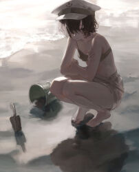 1girl absurdres anchor_print bare_arms bare_legs bare_shoulders barefoot beach bikini bikini_top_only black_eyes black_hair breasts bucket closed_mouth commentary crossed_arms full_body hair_over_one_eye hat highres murasa_minamitsu ocean one_eye_covered outdoors sailor_hat sand sand_bucket sawararado shadow short_hair shorts solo squatting swimsuit touhou trowel