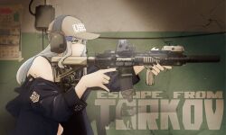 1girl absurdres aiming alternate_costume assault_rifle baseball_cap black_jacket black_nails closed_mouth commentary copyright_name cross cross_hair_ornament ear_protection english_commentary english_text escape_from_tarkov from_side girls&#039;_frontline green_eyes gun h&amp;k_hk416 hair_ornament hat highres hk416_(girls&#039;_frontline) holding holding_gun holding_weapon iron_cross jacket jian_(ntd_ak12) off_shoulder rail_(weapon) reflex_sight rifle scope solo suppressor trigger_discipline weapon white_hair