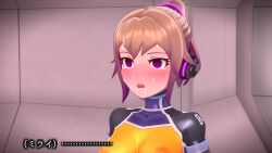 1girl 3d agent_mirai blender_(medium) blush bodysuit breasts brown_hair covered_erect_nipples crying crying_with_eyes_open drooling empty_eyes headphones highres latex mind_control mirai_(agent_mirai) open_mouth ponytail purple_eyes rolling_eyes saliva short_hair skin_tight solo sweat tears umaaji_lady_mk2