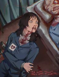 1boy 1girl anya_(mouthwashing) bandaged_head bandaged_neck bandages bed black_hair blood blood_on_clothes blood_on_face blue_jacket blue_pants curly_(mouthwashing) english_text highres hospital_bed injury jacket kurorium medium_hair mouthwashing nosebleed on_bed open_clothes pants pillow tears teeth upper_body wide-eyed