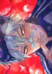 1boy absurdres alien_stage bandaid bandaid_on_face bandaid_on_nose blush closed_mouth commentary_request double-parted_bangs finger_to_mouth green_eyes grey_hair hair_between_eyes heart highres jacket light_particles looking_to_the_side male_focus pill sanpaku short_hair sideways sideways_glance solo sticker sticker_on_face striped_clothes striped_jacket till_(alien_stage) upper_body vertical-striped_clothes vertical-striped_jacket z_(user_asha7224)