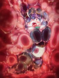 1girl artist_name blue_hair blush breasts brown_eyes fangs furry furry_female goggles goggles_on_head highres inside_creature large_breasts midriff multicolored_hair navel one_eye_closed open_mouth original room_(room_kinoko) scared solo vore wet wide-eyed