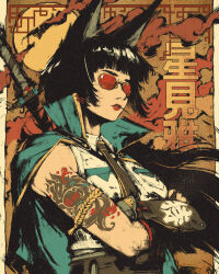 Rule 34 | 1girl, akramness, animal ears, arm tattoo, black hair, black necktie, blue cape, blunt bangs, cape, collared shirt, commentary, cowboy shot, crossed arms, english commentary, film grain, floating hair, fox ears, fox girl, full moon, highres, hoshimi miyabi, lipstick, long hair, makeup, moon, mouth hold, mystical high collar, necktie, red-tinted eyewear, red lips, shirt, solo, stalk in mouth, sunglasses, sword, sword on back, tattoo, tinted eyewear, weapon, weapon on back, white shirt, wing collar, zenless zone zero