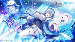 ahoge belt blue_hair blush breasts colored_tips concert corset crossover daifuku_(yukihana_lamy) elf flower glowstick hair_flower hair_ornament half_updo hat heart heart_ahoge hololive idol kage_no_jitsuryokusha_ni_naritakute! large_breasts leg_up multicolored_hair official_art one_eye_closed palms pointy_ears snowflake_print stage stage_lights streaked_hair thighhighs virtual_youtuber white_hat wink yellow_eyes yukihana_lamy yukihana_lamy_(1st_costume) yukimin_(yukihana_lamy)