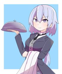 Rule 34 | &gt;:), 1girl, absurdres, ao (flowerclasse), blue eyes, blue hair, blush, butler, cross, cross earrings, earrings, female butler, gabriel dropout, highres, jewelry, martiel (gabriel dropout), pale skin, ponytail, v-shaped eyebrows