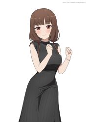 1girl absurdres black_dress bracelet brown_eyes brown_hair closed_mouth coro_fae dress highres iino_miko jewelry kaguya-sama_wa_kokurasetai_~tensai-tachi_no_renai_zunousen~ light_smile looking_at_viewer low_twintails necklace simple_background sleeveless sleeveless_dress solo twintails white_background