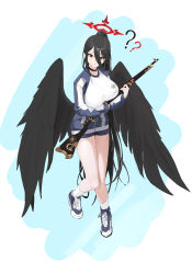 Rule 34 | 1girl, ?, ??, absurdres, black choker, black hair, black wings, blue archive, bolt action, breasts, choker, commentary request, feathered wings, full body, gun, gym shirt, gym shorts, gym uniform, hair between eyes, halo, hasumi (blue archive), high ponytail, highres, holding, holding gun, holding weapon, jacket, large breasts, oversized wings, long hair, looking at viewer, low wings, m1917 enfield, mark jin, mole, mole under eye, official alternate costume, partially unzipped, ponytail, red eyes, red halo, rifle, shirt, shoes, shorts, simple background, sneakers, socks, solo, track jacket, very long hair, weapon, white socks, wings