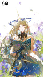 1girl absurdres bare_shoulders black_collar black_dress blonde_hair blue_eyes blue_hair blue_tabard book breasts chinese_commentary closed_mouth collar colored_inner_hair commentary_request copyright_notice cowboy_shot crown_of_thorns dress earrings fleurdelys_(wuthering_waves) floating_earrings highres holding holding_book holding_sword holding_weapon horns jewelry large_breasts light_smile logo long_hair long_horns looking_at_viewer multicolored_hair necklace official_art open_book pointy_ears sidelocks single_horn solo sword tabard tacet_mark_(wuthering_waves) very_long_hair weapon wuthering_waves yellow_horns